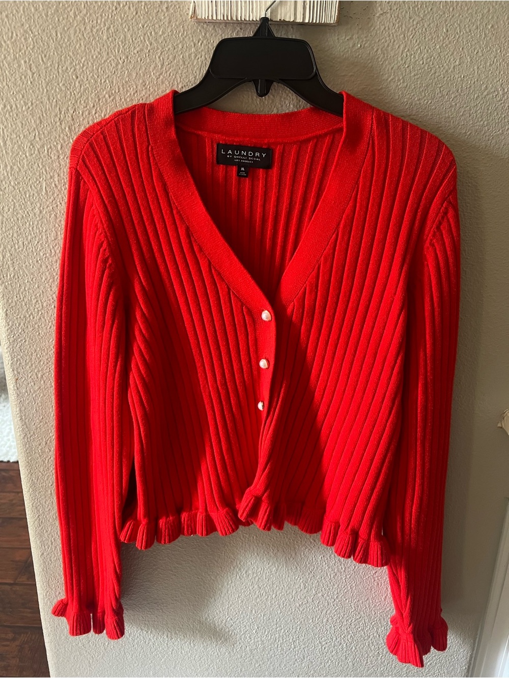 Laundry By Shelli Segal Bright Red Ribbed V-Neck Cardigan with Ruffle Trim